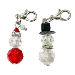 Glass Bead Snowman Clip On Charm Zipper Pull Bag Purse Red Black White Silver